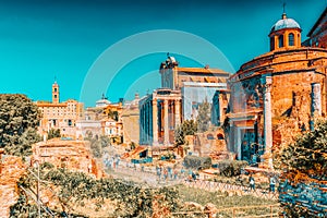 ROME, ITALY - MAY 08, 2017 : Archaeological and historical objects in Rome, united by the name - Roman Forum. Roman Forum.Temple