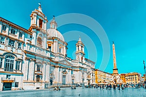 ROME, ITALY - MAY 09, 2017 : Piazza Navona  is a square in Rome, Italy. It is built on the site of the Stadium of Domitian, built