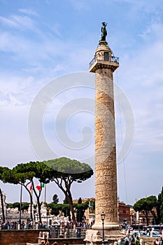 Column of Trajan Colonna Traiana aside Fori Imperiali at Foro Traiano and Piazza Venezia square in city center of Rome in Italy