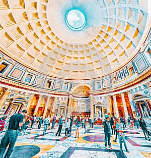 ROME, ITALY - MAY 09, 2017 : Inside interior of the Pantheon, is a former Roman temple, now a church, in Rome with tourists, Italy