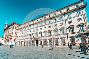 ROME, ITALY - MAY 09, 2017: Palace Chigi  Palazzo Chigi and Square Column Piazza Colonna Rome. Italy