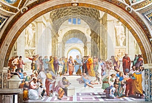 ROME, ITALY - MAY 07, 2019: School of Athens painting by Raphael, Vatican Museums, Vatican City