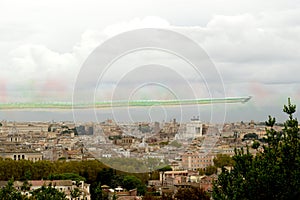 ROME, ITALY - NOVEMBER 4, 2021: Air show by the `Frecce Tricolori` team, on the occasion of the celebrations for the feast of the