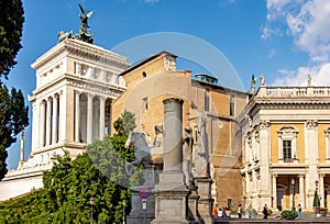 Basilica of St. Mary of Altar of Heaven on Capitoline hill and Vittoriano monument, Rome, Italy