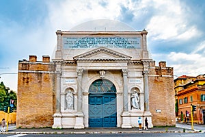 Rome, Italy. The outer face facade of the Porta Pia, a city gate in the Aurelian Walls of Rome, designed by Virginio Vespignani.