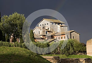 Rome Italy Palatine hill, the rainbow, the storm cloud of the history of archaeology the ruins of the brick walls