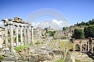 Rome, Italy, ruins of the Imperial forums of ancient Rome. Temple of Saturn