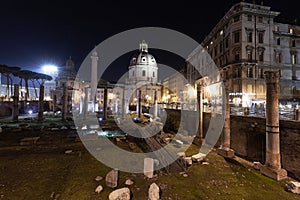 Rome, Italy, ruins of the old city at night with backlight