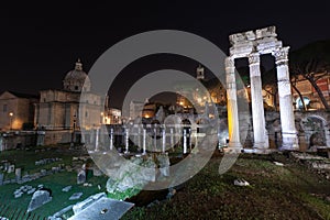 Rome, Italy, ruins of the old city at night with backlight