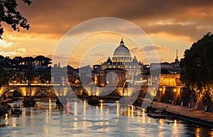 Rome Italy. San Pietro basilica in the Vatican, ponte Sant Angelo and Tiber river, sky at sunset