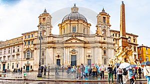 Rome, Italy. Sant Agnese in Agone baroque Church and Fountain of Four Rivers Fontana Dei Quattre Fiumi