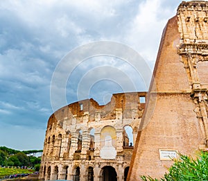 Rome,Italy. Section of the ancient Roman Colosseum, a popular European city amphitheater landmark and tourist attraction.