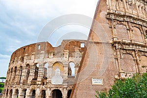 Rome,Italy. Section of the ancient Roman Colosseum, a popular European city amphitheater landmark and tourist attraction.