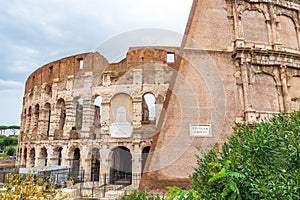 Rome,Italy. Section of the ancient Roman Colosseum, a popular European city amphitheater landmark and tourist attraction.