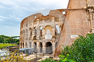 Rome,Italy. Section of the ancient Roman Colosseum, a popular European city amphitheater landmark and tourist attraction.