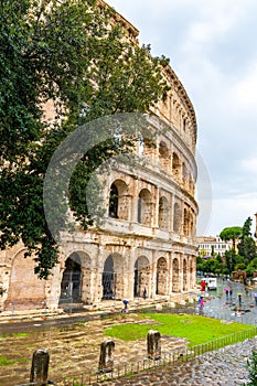 Rome,Italy. Section of the ancient Roman Colosseum, a popular European city amphitheater landmark and tourist attraction.
