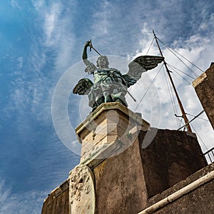 Sculpture of angel near Victor Emmanuel II National Monument in Rome, Italy. Sculpture on the