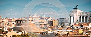 Rome, Italy. Sloping Roof Of Pantheon And Cityscape Of Town