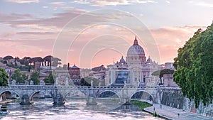 Rome, Italy: St. Peter's Basilica, Saint Angelo Bridge and Tiber River in the sunset timelapse