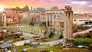 Rome Italy. Sunset in Ancient Roman Forum. Antique