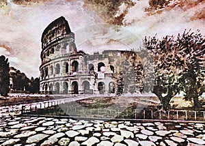 Rome, Italy - Sunset behind the Colosseum - Creative illustration, vintage watercolor design