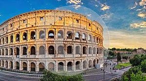 Rome Italy, sunset panorama city skyline at Colosseum