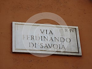 Rome city panorama. Inscription street name VIA FERDINANDO DI SAVOIA