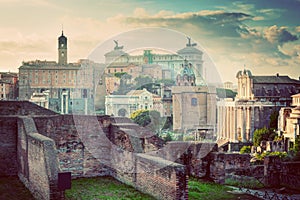 Rome, Italy vintage skyline. Roman Forum and Altare della Patria