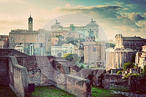 Rome, Italy vintage skyline. Roman Forum and Altare della Patria photo