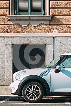 Rome, Italy. White Color Car Mini Cooper Mini Countryman Parked On Street