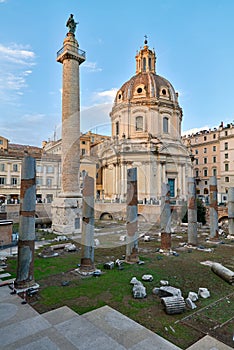 Rome Lazio Italy. Trajan\'s column and Santa Maria di Loreto church at Trajan\'s Forum