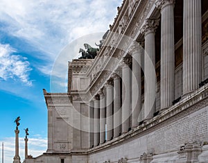 Rome - Massive columns with scenic view on the front facade of Victor Emmanuel II monument on Piazza Venezia in Rome
