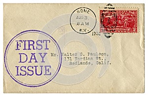 Rome, New York, The USA  - 3 August 1927: US historical envelope: cover with round ink cachet First day issue, red postage stamp S