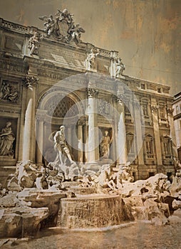 Rome old postcard - Trevi Fountain, Fontana di Trevi. Vintage style, retro texture