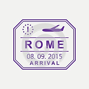 Rome passport stamp. Italy airport visa stamp or immigration sign. Custom control cachet. Vector illustration.