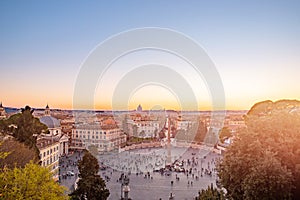 Rome piazza del popolo aerial rooftop view sunset silhouette old ancient architecture in Italy