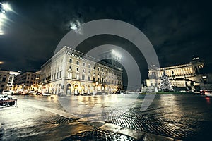 Rome, Piazza Venezia at Christmas. Night. Christmas tree.