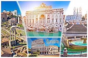 Rome postcard. Eternal city of Rome famous landmarks tourist postcard view, with city name label