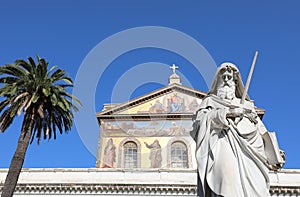 Rome, RM, Italy - August 16, 2020: . church of San Paolo fuori le mura and the statue with the sword