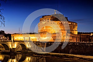 Rome Sant` Angelo Castle and Saint Angelo Bridge by night