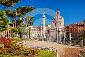 Rome with Santa Maria di Loreto church against Trajan column in Italy