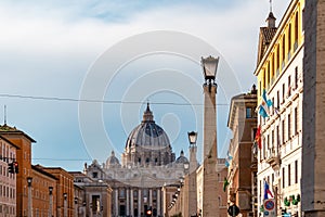 Rome - Scenic view from Street Via della Conciliazione on Saint Peter Basilica in the Vatican City, Rome