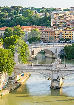 Rome skyline as seen from Castel Sant`Angelo, with the bridges of Vittorio Emanuele II and Prince Amedeo Savoia Aosta.