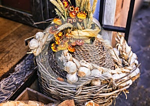 Rome street restaurant decoration with seasonal vegetables photo