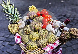 Rome street restaurant decoration with seasonal vegetables photo