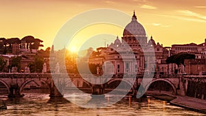Sunny view of St Peter`s Basilica in Vatican city at sunset, Rome, Italy