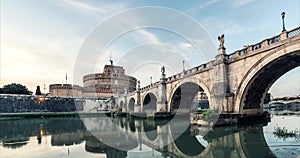Rome timelapse sunset. Day to night cityscape Castle and bridge panorama