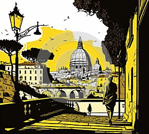 Rome Travel Illustration, Italian Tourism Concept, Skylines, Landmarks, Rome Silhouette Art, Generative AI Illustration