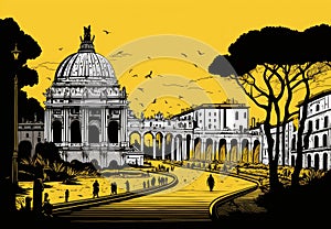 Rome Travel Illustration, Italian Tourism Concept, Skylines, Landmarks, Rome Silhouette Art, Generative AI Illustration