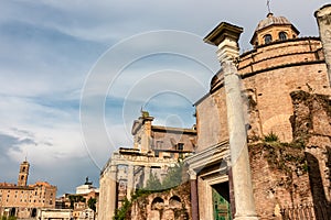 Rome - View of the Antoninus and Faustina Temple in the Roman Forum (Foro Romano) in the city of Rome, Lazio